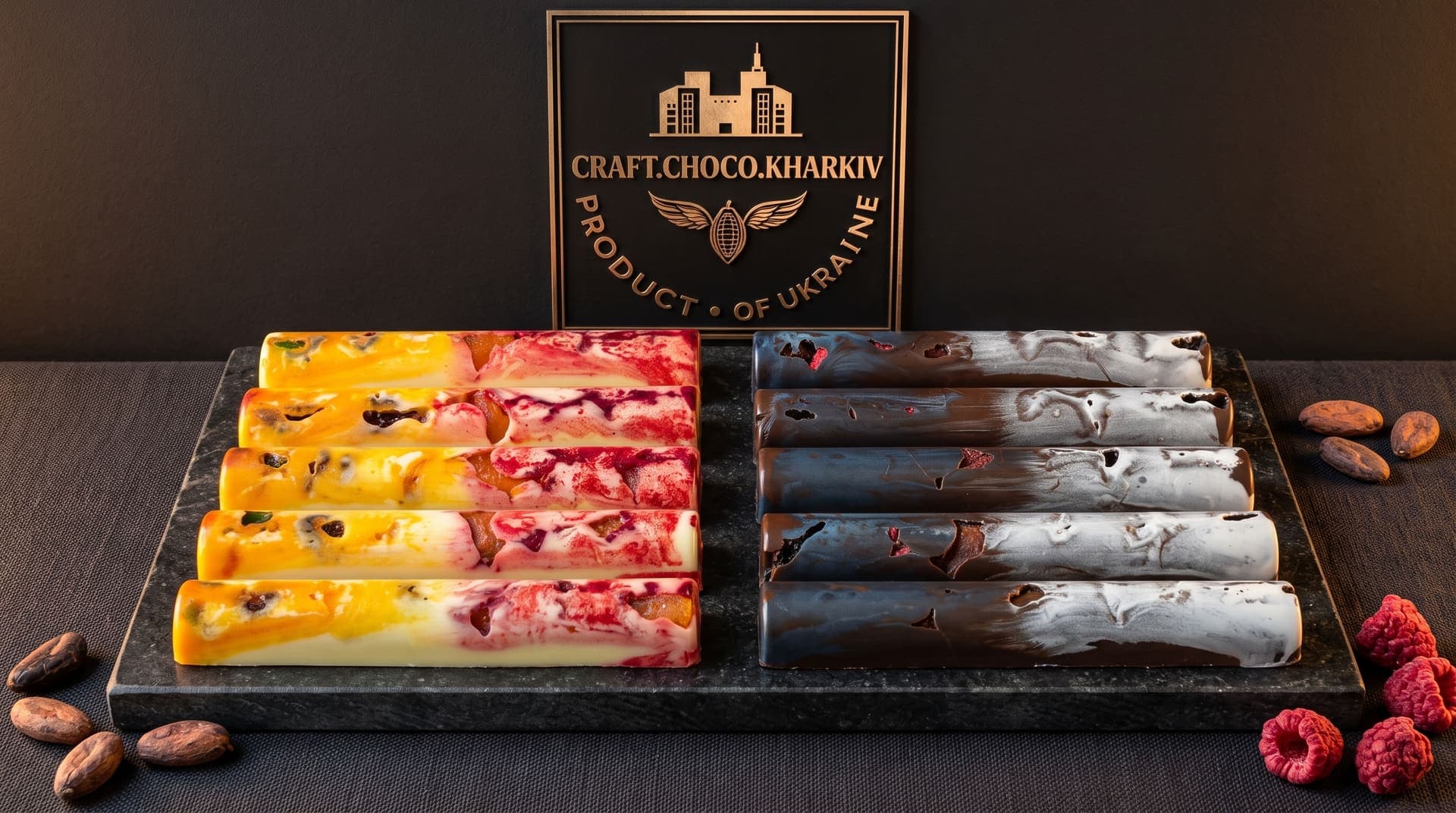 Фірмові шоколадні бруски ручної роботи CraftChocoKharkiv з бельгійського Callebaut на темному тлі з золотим логотипом