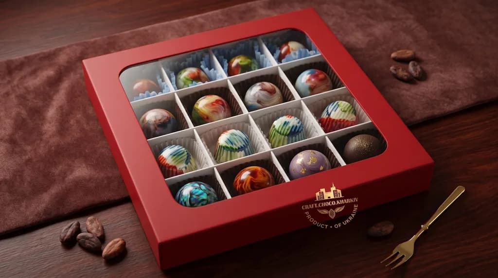 Фірмовий набір із 16 цукерок CraftChocoKharkiv — ручна робота, бельгійський шоколад Callebaut з фруктовими ганашами